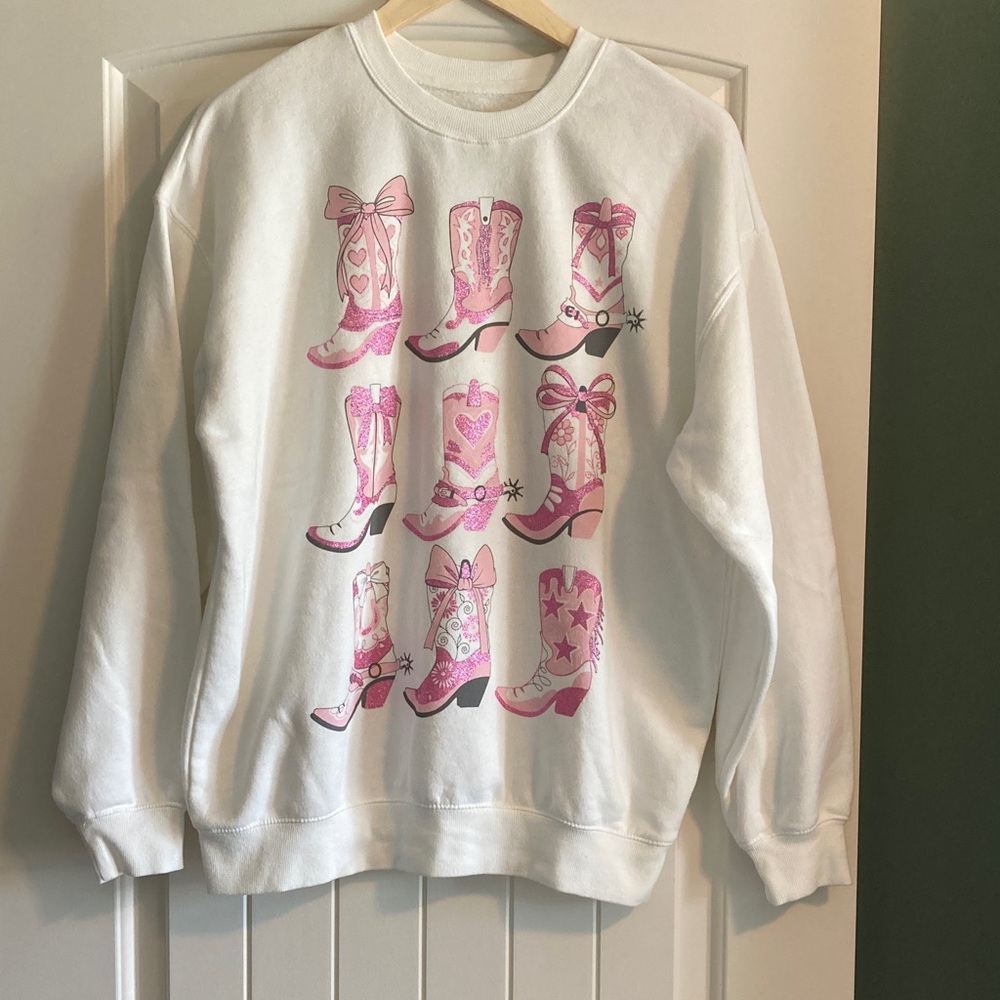 White Sweatshirt with Pink Cowboy Boot Graphic